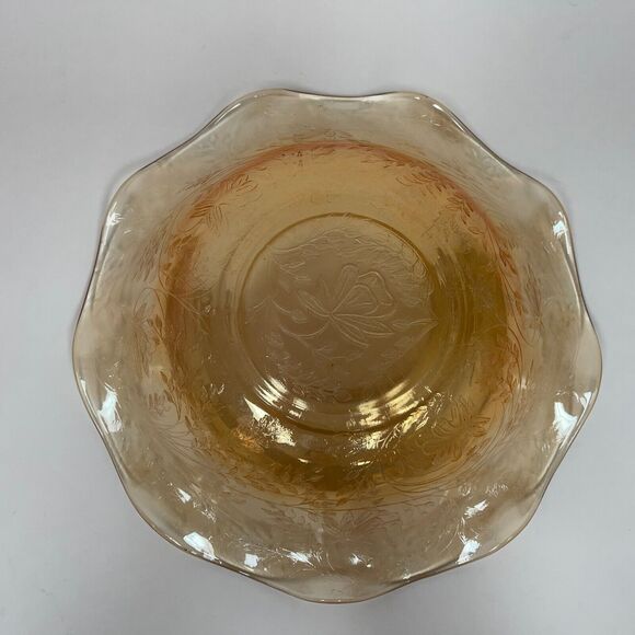 Jeannette Glass Fluted Bowl Marigold Ruffled Edge Floral 9 5/8" across - Picture 5 of 6